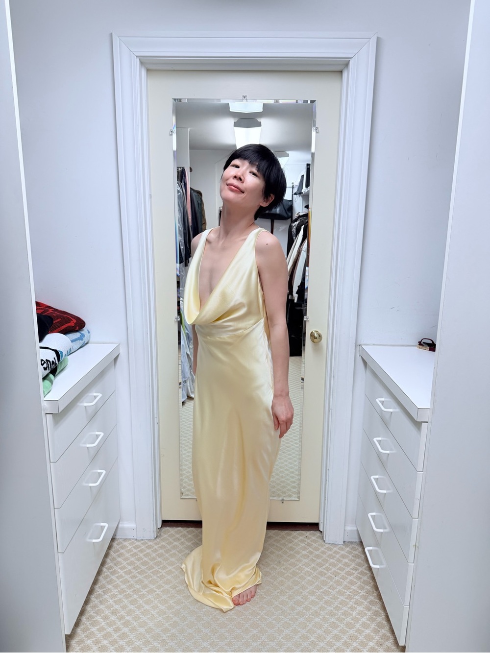 NWOT Michael Lo Sordo Silk Pale Yellow Cowl Neck Slip Dress, Size US 6 - Picture 2 of 7